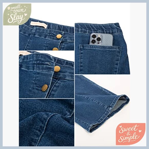 High Waisted Wide Leg Jeans Stretchy Demin Pants Button Decorated Pockets - Picture 5 of 7